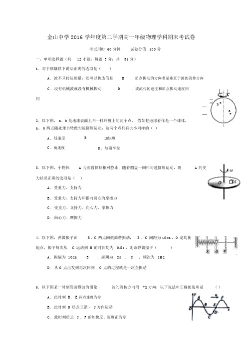 上海市金山中学20162017学年高一物理下学期期末考试试题