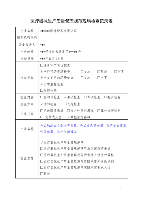 医疗器械生产质量管理规范现场检查表汇总