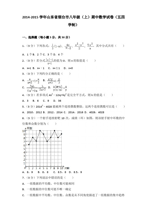 2014-2015年山东省烟台市八年级(上)数学期中试卷及参考答案