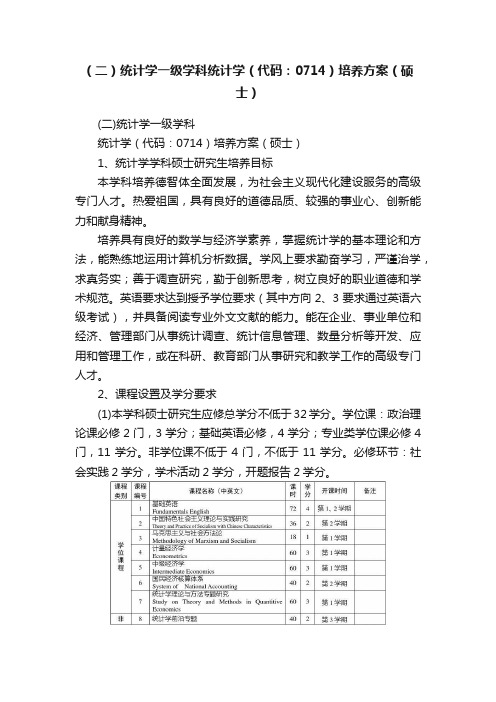 （二）统计学一级学科统计学（代码：0714）培养方案（硕士）