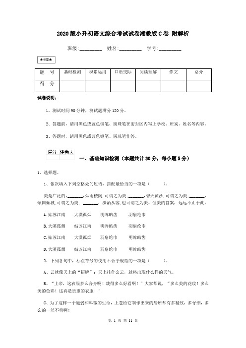 2020版小升初语文综合考试试卷湘教版C卷 附解析