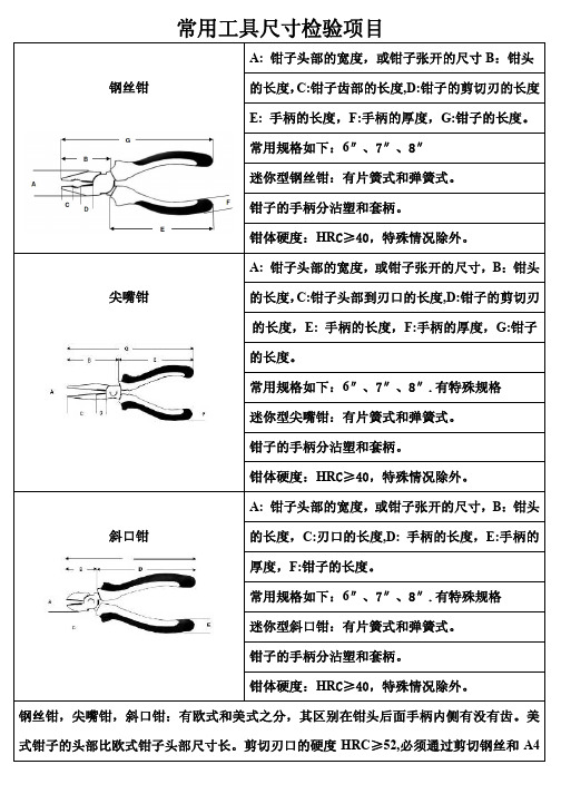 常用工具尺寸检验项目