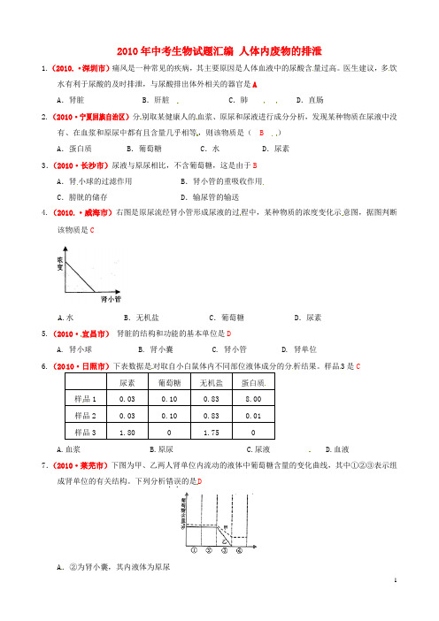 2010年中考生物试题汇编 人体内废物的排泄