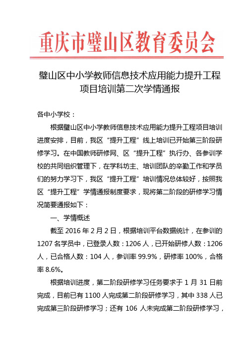 璧山区中小学教师信息技术应用能力提升工程项目培训第二次学情通报