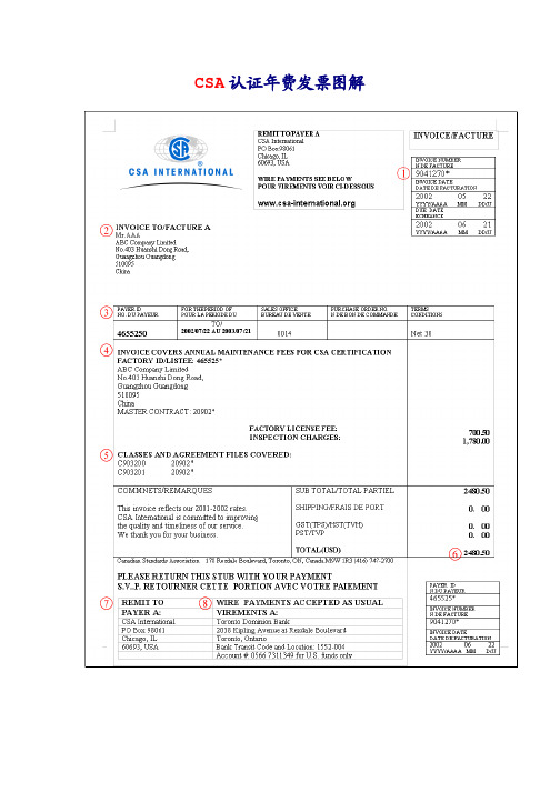 CSA认证年费发票图解