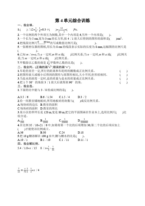 人教版六年级数学下册第4单元综合训练含答案