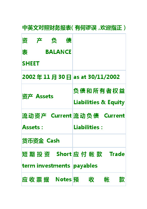 中英文对照财务报表常用单词