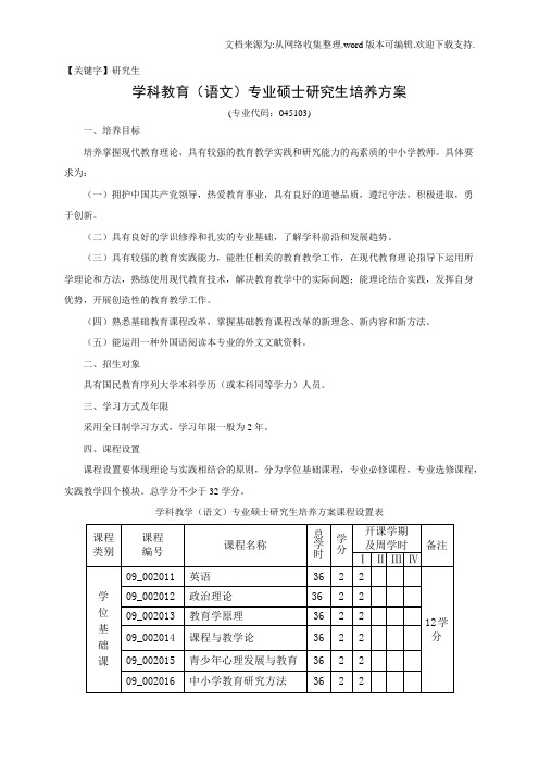 【研究生】学科教育语专业硕士研究生培养方案