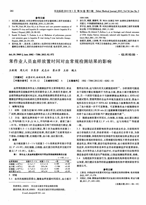 苯作业人员血样放置时间对血常规检测结果的影响