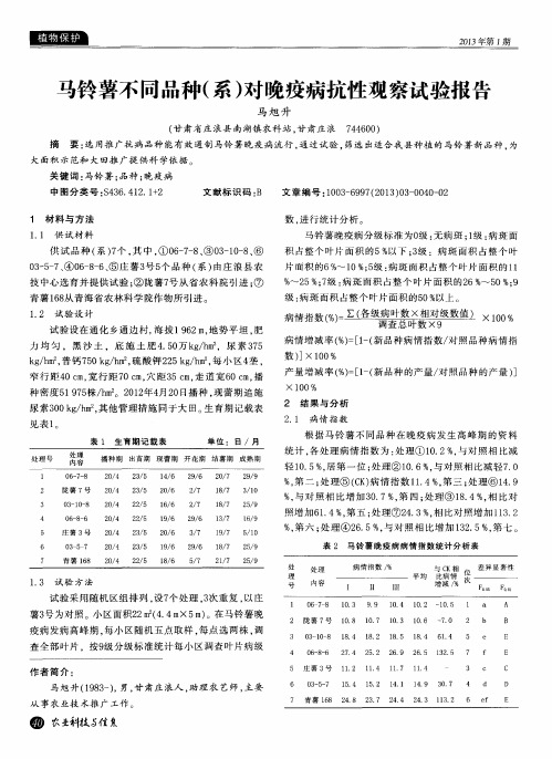 马铃薯不同品种(系)对晚疫病抗性观察试验报告