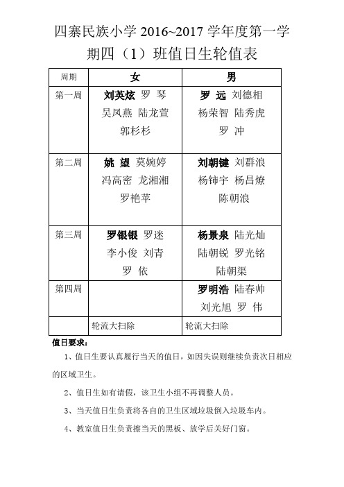 小学值日生轮转表