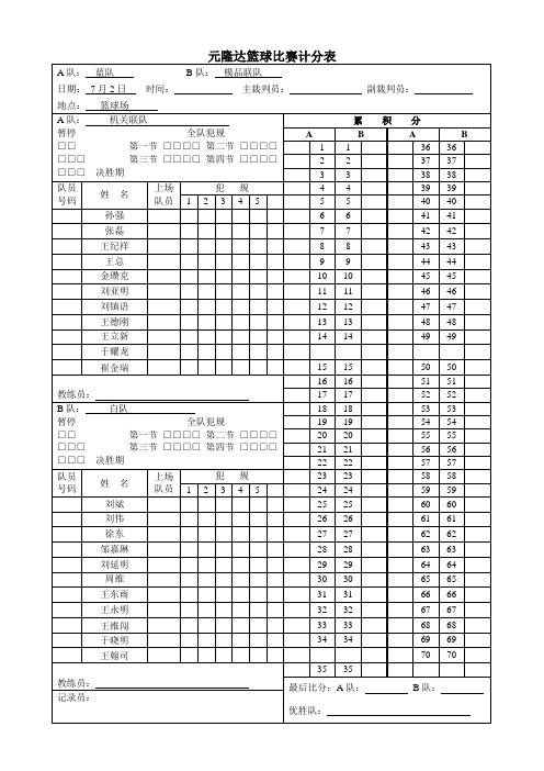 篮球比赛上下半场记分表(word)[1]