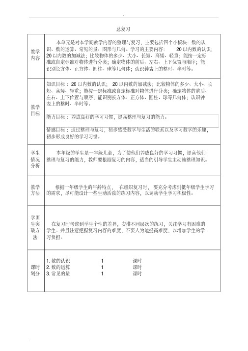 北师大最新版小学数学一年级上册《总复习》教材分析教案