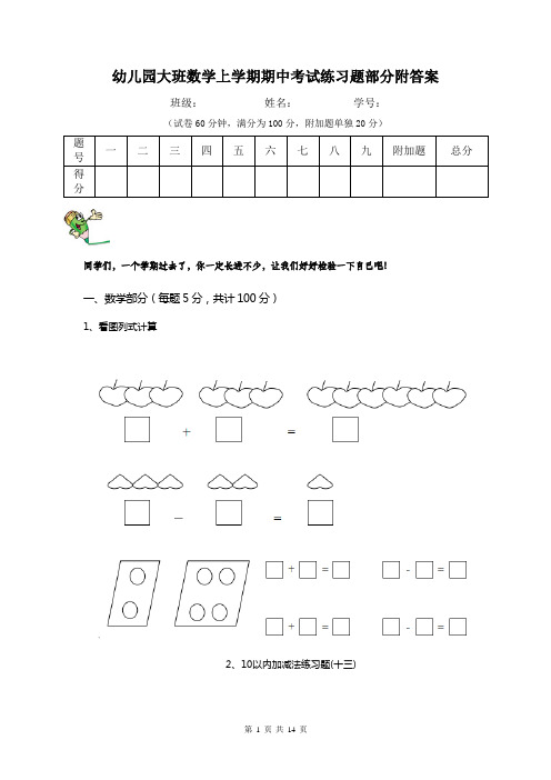 幼儿园大班数学上学期期中考试练习题部分附答案