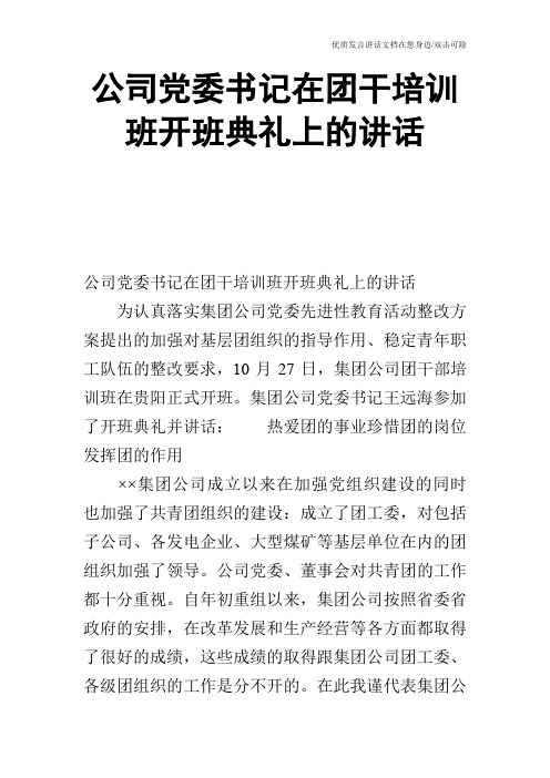 公司党委书记在团干培训班开班典礼上的讲话_1