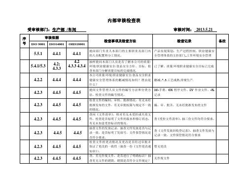 内部审核检查表(生产部、车间)