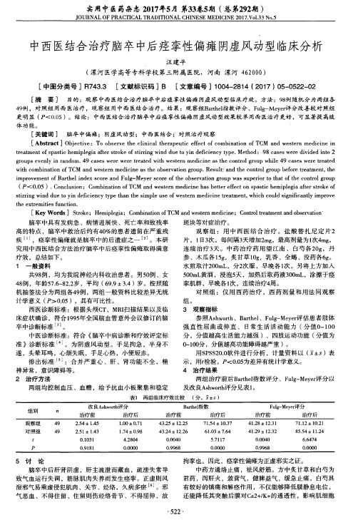 中西医结合治疗脑卒中后痉挛性偏瘫阴虚风动型临床分析