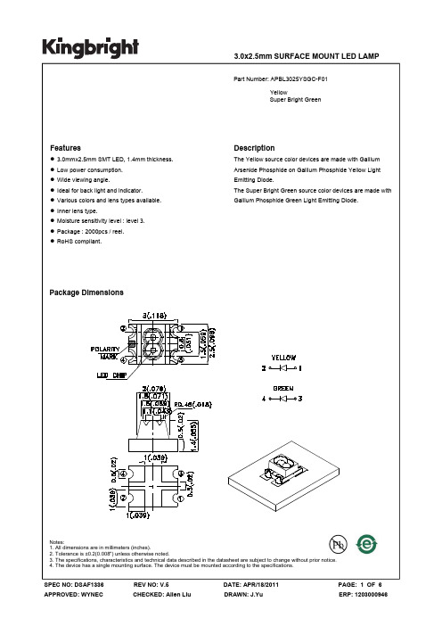 3.0x2.5mm 低功耗绿色LED灯泡说明书