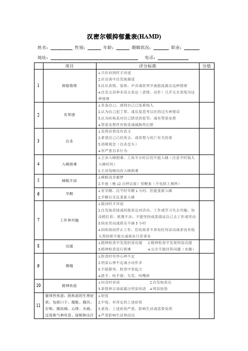 汉密顿抑郁量表