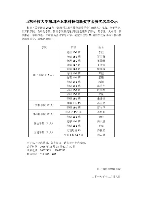 山东科技大学深圳科卫泰科技创新奖学金获奖名单公示