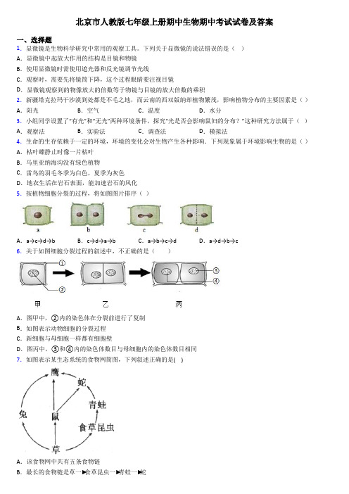 北京市人教版七年级上册期中生物期中考试试卷及答案