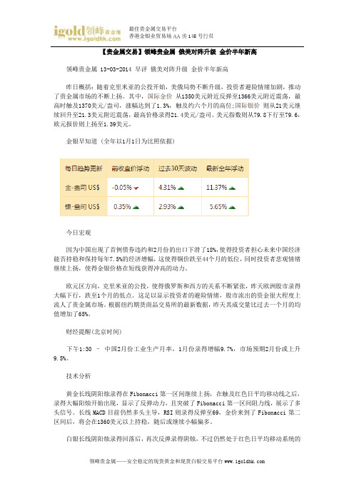 【贵金属交易】俄美对阵升级 金价半年新高