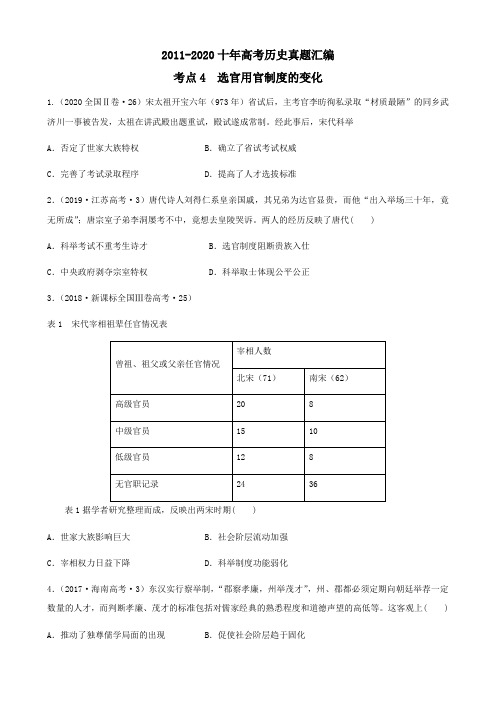 2011-2020十年高考历史真题汇编:考点4 古代选官制度的演变(学生版+解析版)