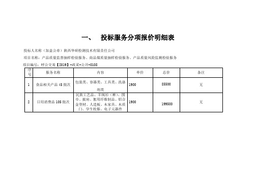 投标服务分项报价明细表