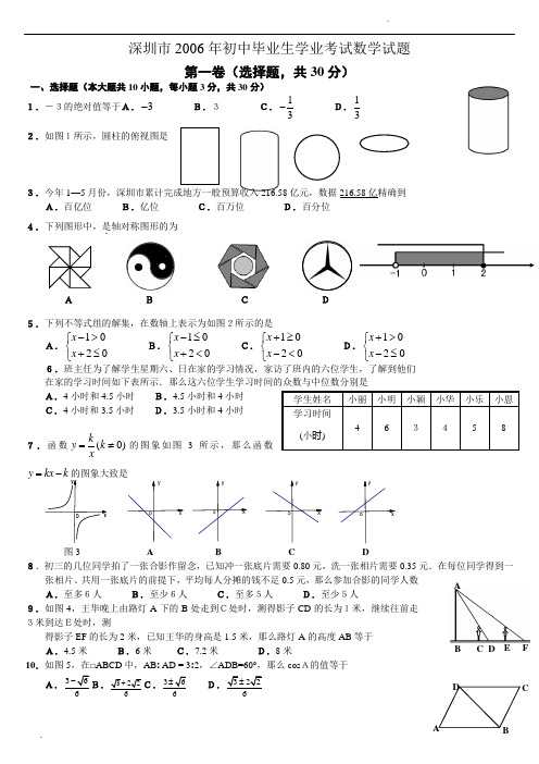 深圳市2006年初中毕业生学业考试数学试题(附答案及评分意见)