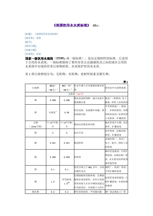 美国饮用水水质标准epa)