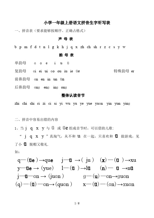 小学一年级上册语文拼音生字听写表