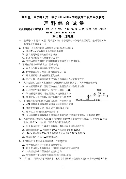 广东省2016届高三五月联考(模拟)理综化学试题