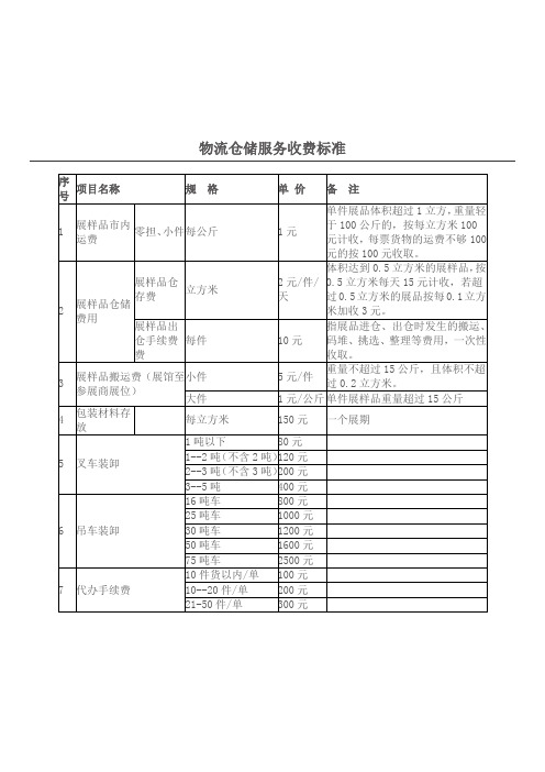 物流仓储服务收费标准