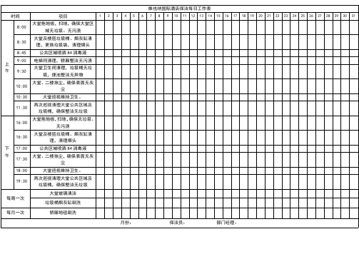 酒店保洁每日工作表