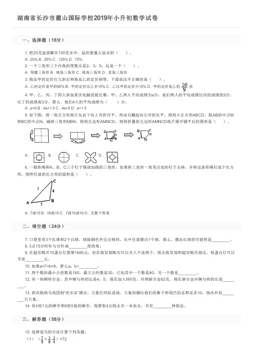 湖南省长沙市麓山国际学校2019年小升初数学试卷及参考答案