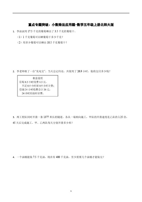 重点专题突破：小数除法应用题-数学五年级上册北师大版