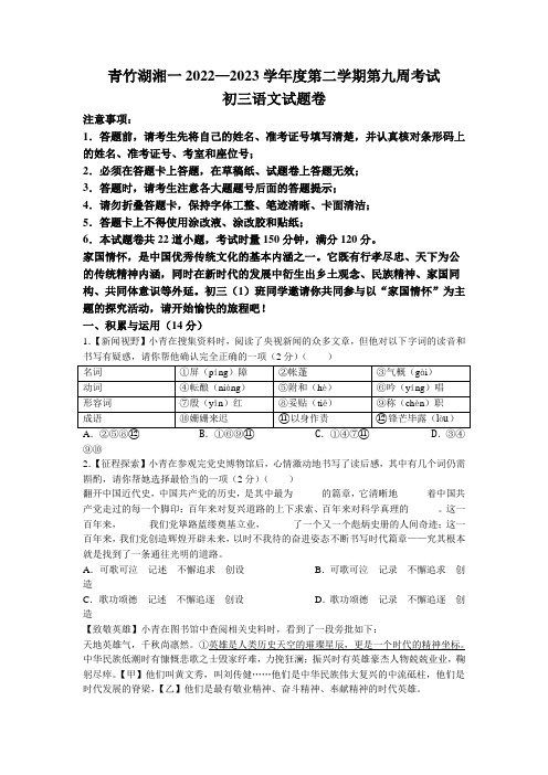 湖南省长沙市开福区青竹湖湘一外国语学校中考一模语文试题