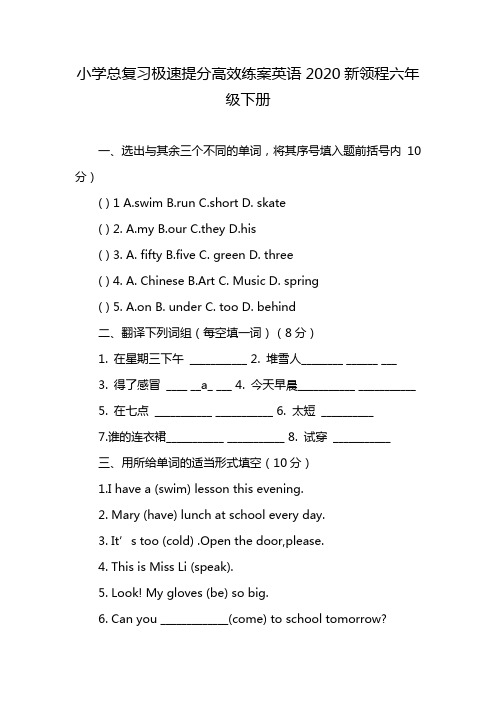 小学总复习极速提分高效练案英语2020新领程六年级下册