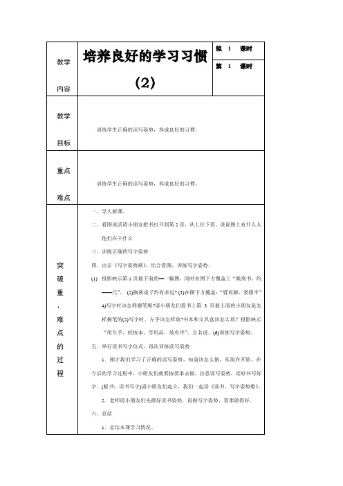 2017新苏教版一年级下册语文《培养良好的学习习惯》第一课时教学设计