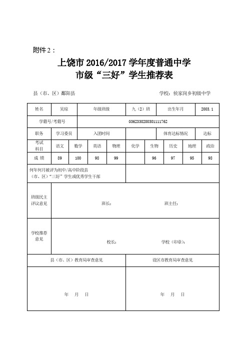 侯岗初中市级“三好”学生推荐表