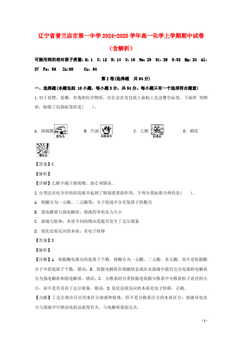 辽宁省普兰店市第一中学2024_2025学年高一化学上学期期中试卷含解析