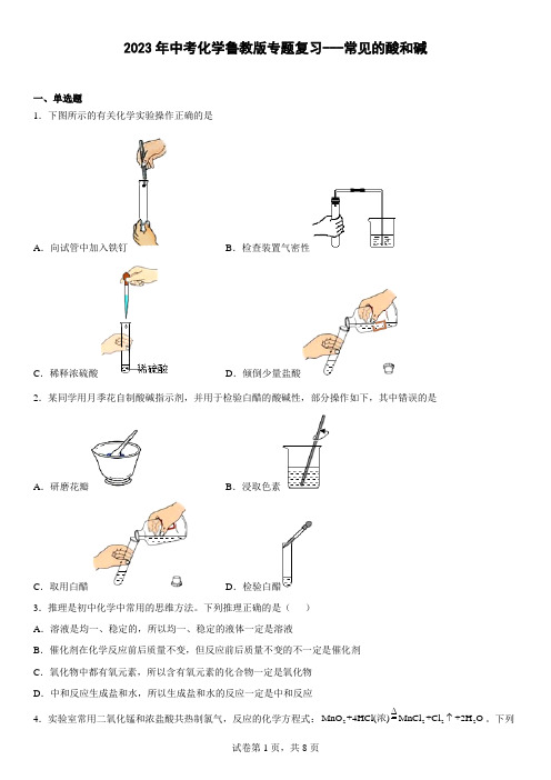 2023年中考化学鲁教版专题复习常见的酸和碱【附答案】