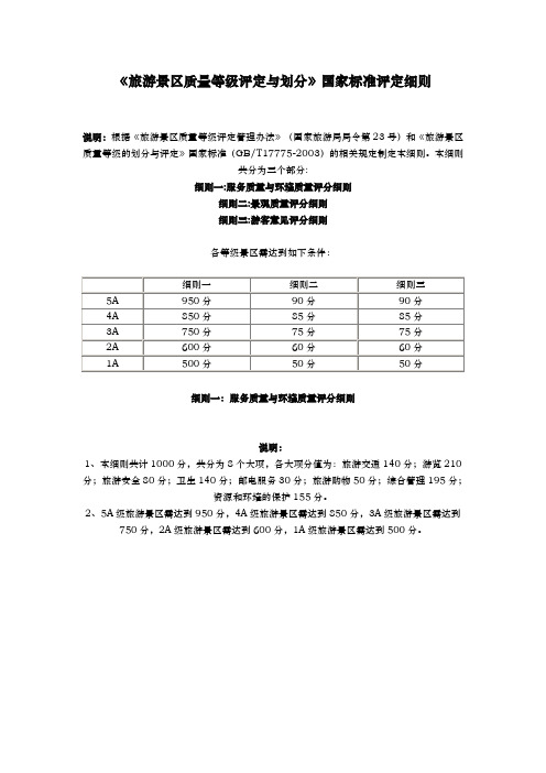 旅游景区质量等级评定及划分国家标准评定细则