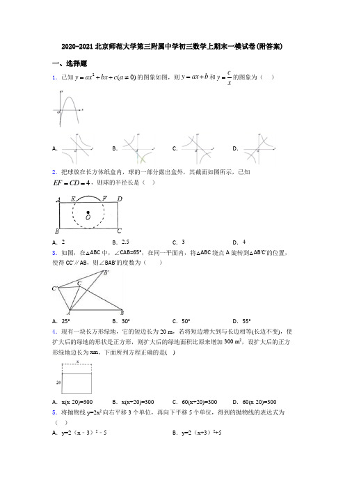 2020-2021北京师范大学第三附属中学初三数学上期末一模试卷(附答案)