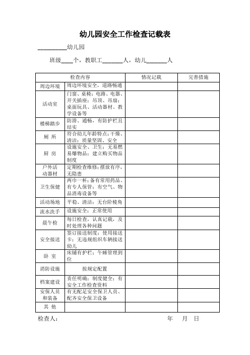 表格 幼儿园安全工作检查记载表