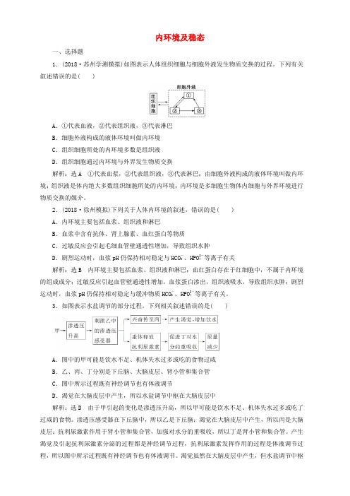 江苏专版2019版高考生物二轮复习专题四调节主攻点之一内环境及稳态练习(含答案)