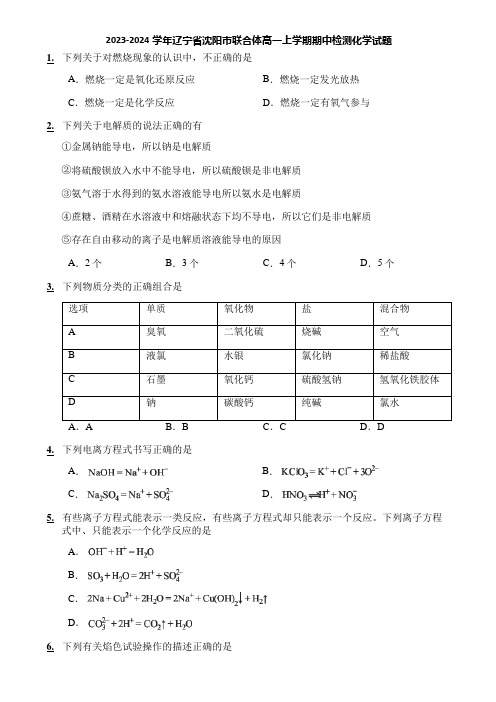 2023-2024学年辽宁省沈阳市联合体高一上学期期中检测化学试题