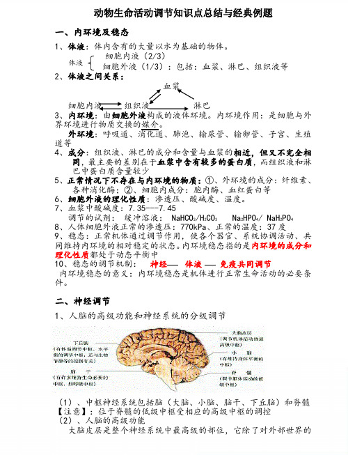 动物生命活动调节知识点总结与经典例题