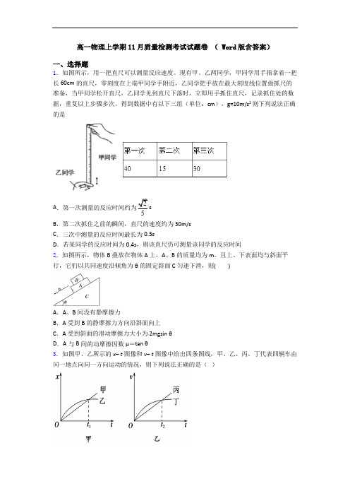 高一物理上学期11月质量检测考试试题卷 ( Word版含答案)