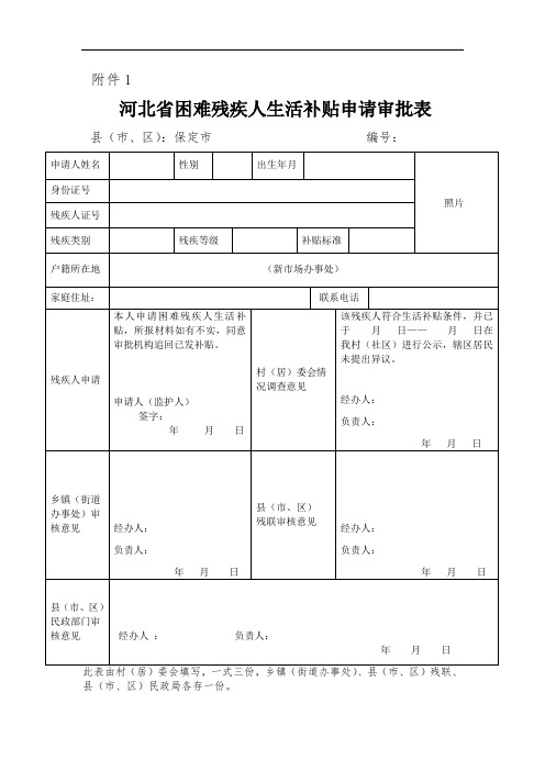 河北省困难残疾人生活补贴申请审批表